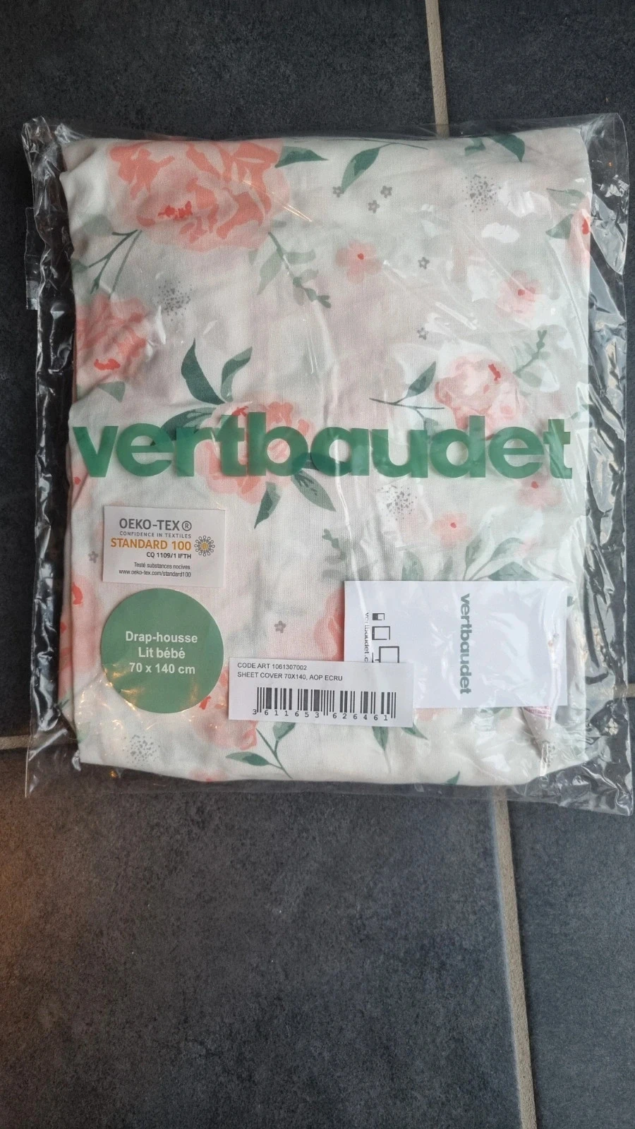 Drap-housse bébé Vertbaudet – Collection Eau de Rose – 70 x 140 cm – Neuf